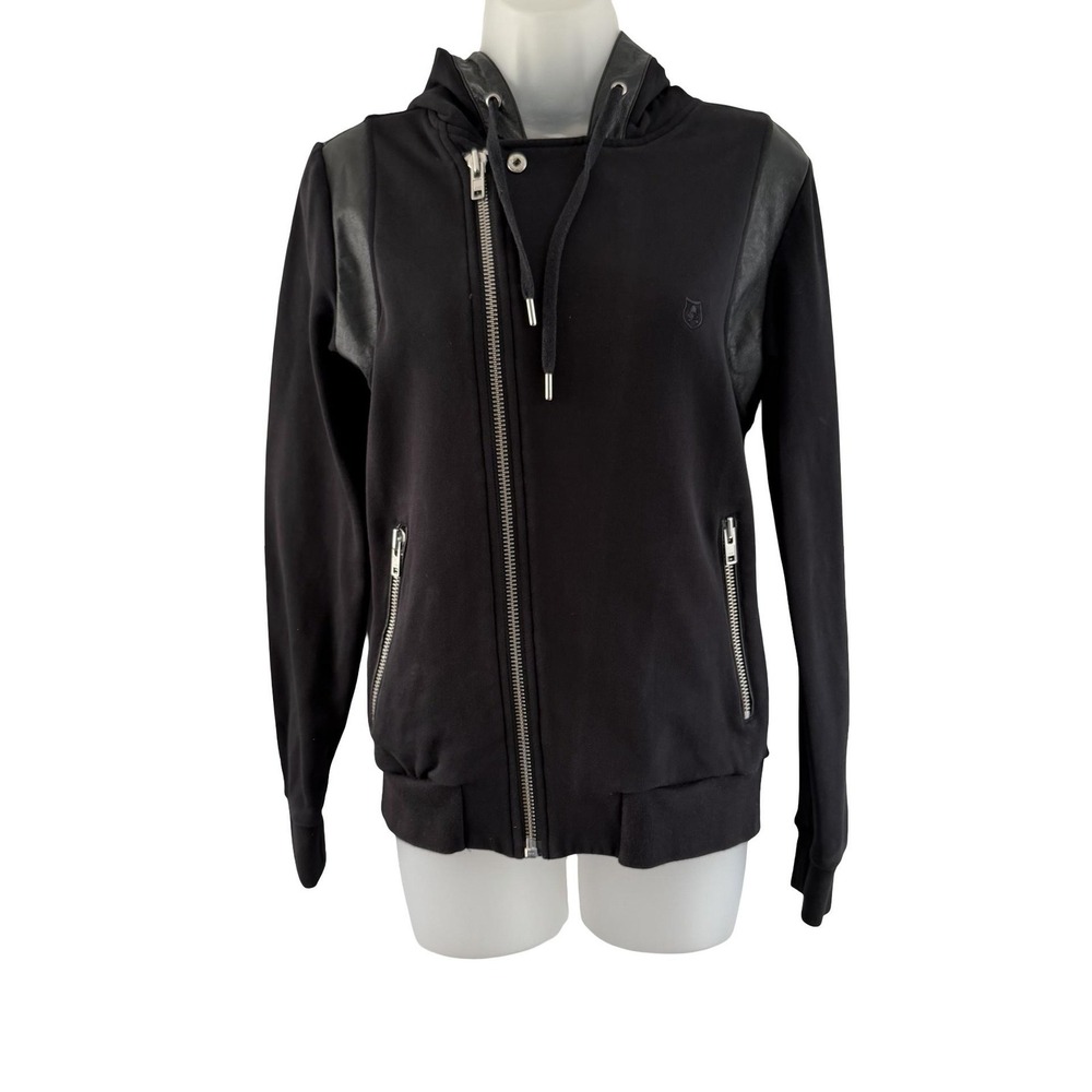The Kooples Sport Jacket Womens‎ XS Black Hooded Leather Trim Asymmetrical Zip
